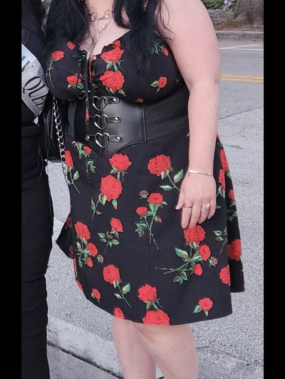 SHEIN Curve Black Midi Slip Dress w/Red Rose Print Ruffule & Tie Detail - Picture 11 of 11